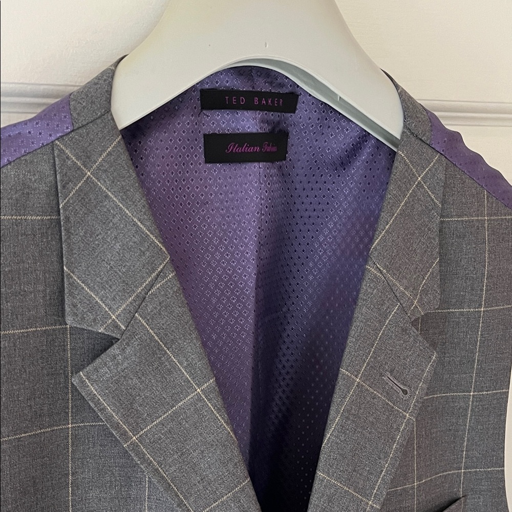 Ted Baker Gray Windowpane Blazer with Purple Lining